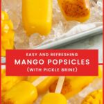 Yellow mango popsicles and mango tajin popsicles placed on a bed of ice on a sheet pan along with freshly cut mangoes.