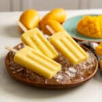 Three yellow popsicles placed on a bed of ice cubes with more fresh and cut up mangoes in the background.