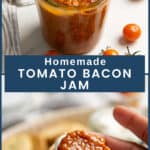 Bacon tomato jam in a glass jar with cherry tomatoes next to it, and a hand holding a cheese cracker topped with jam.