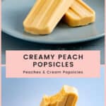 Two peaches and cream popsicles on a small blue plate, and a hand holding a peach popsicle with a bite taken out of it.