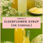 Elderflower syrup in a tall bottle, and an elderflower lemonade drink in a glass with elderflower blossoms next to it.