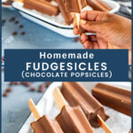 Fudgesicles placed on a bed of crushed ice, and a hand holding another chocolate popsicle with a bite taken out of it.