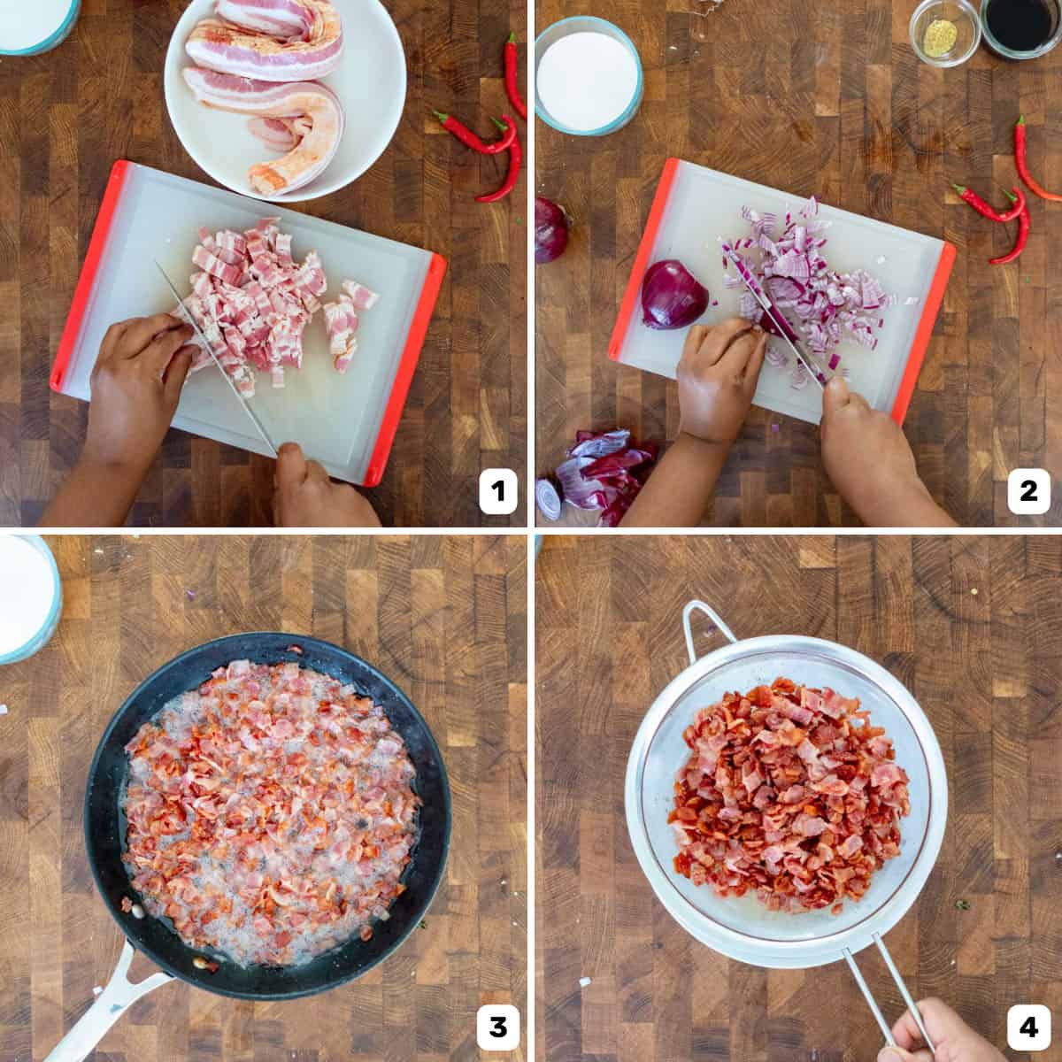 Four panel image of prepping the ingredients by cutting onions and slicing and frying the bacon in a pan.