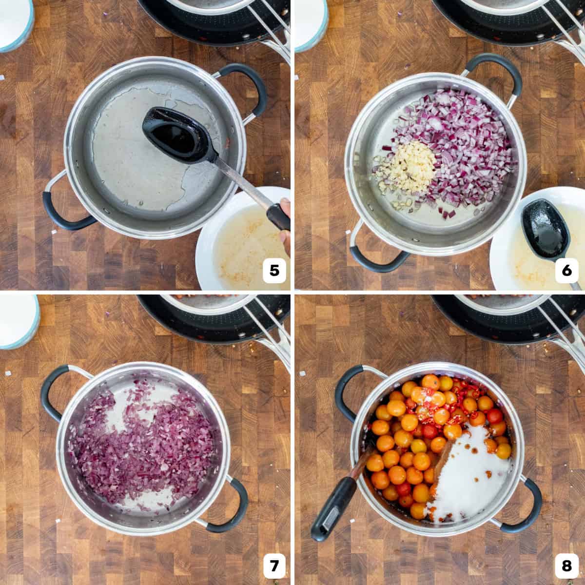 Cooking chopped onion and garlic until softened in a saucepan, and then adding cherry tomatoes and other ingredients into it.