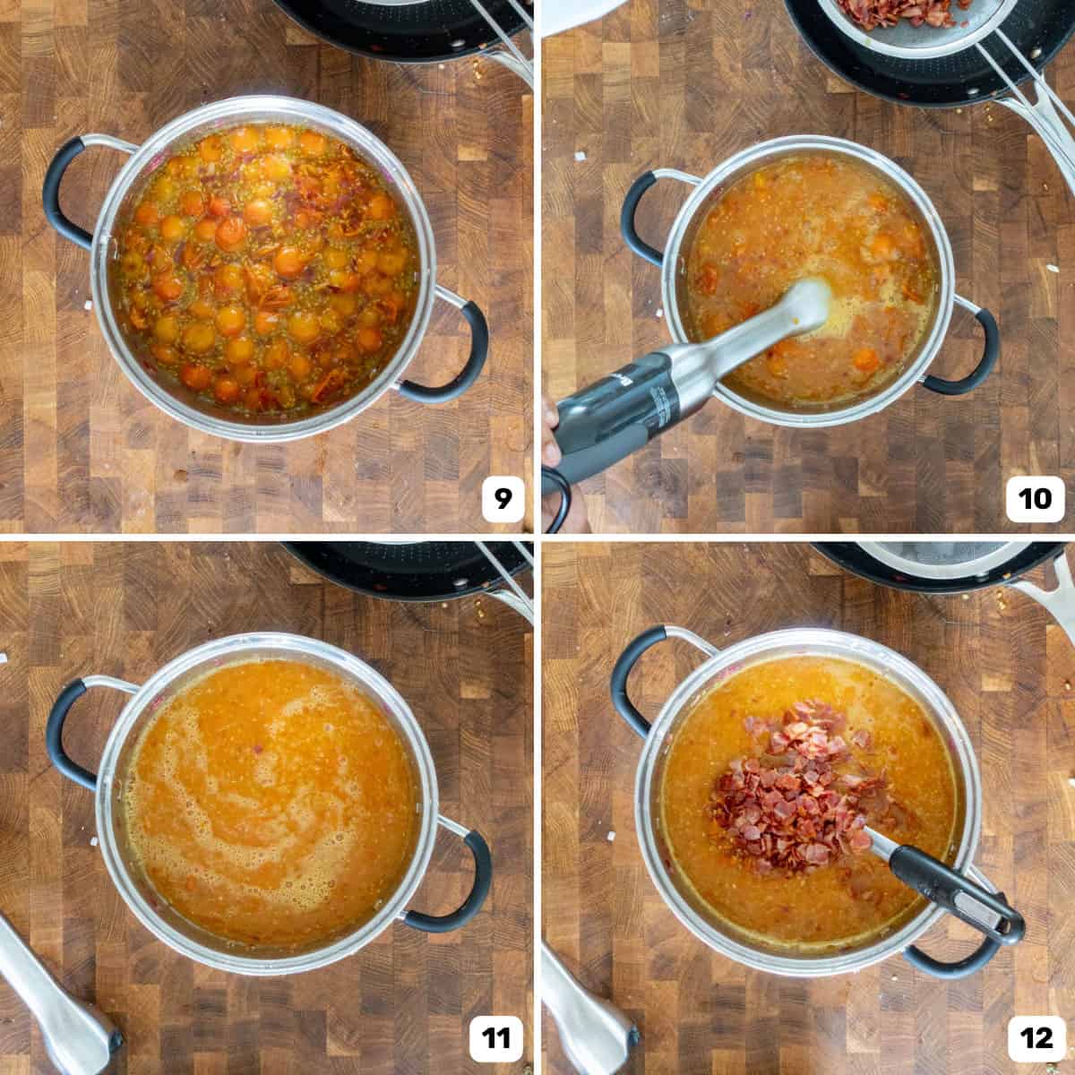 Cooking down the orange colored tomato jam in a saucepan before adding the chopped and fried bacon into it.