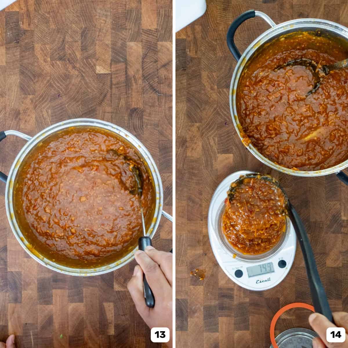 Two panel image with cooked bacon tomato jam in a saucepan, and then pouring it into glass jars.