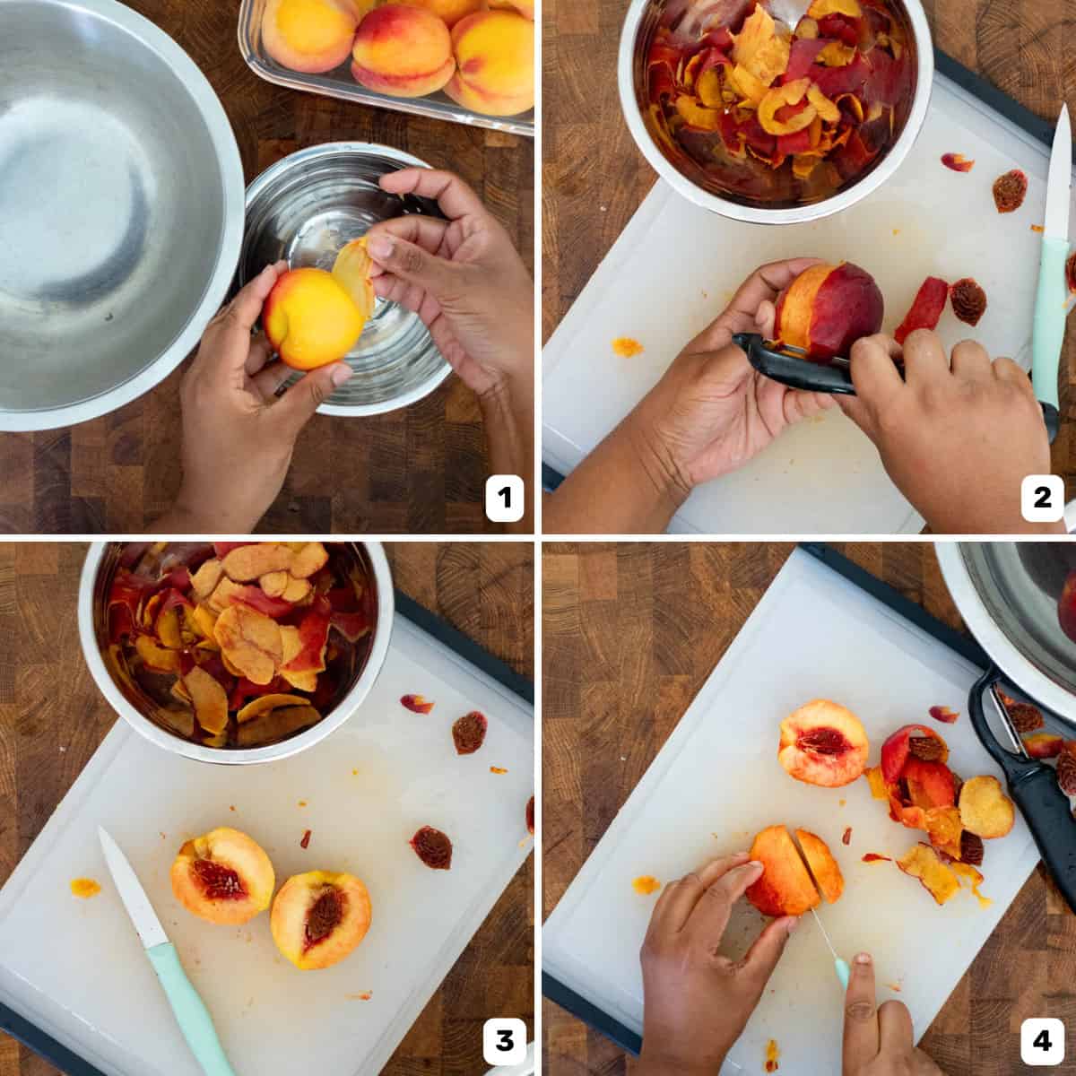Four panel image where two hands are peeling peaches and cutting them into slices and preparing them on a cutting board.