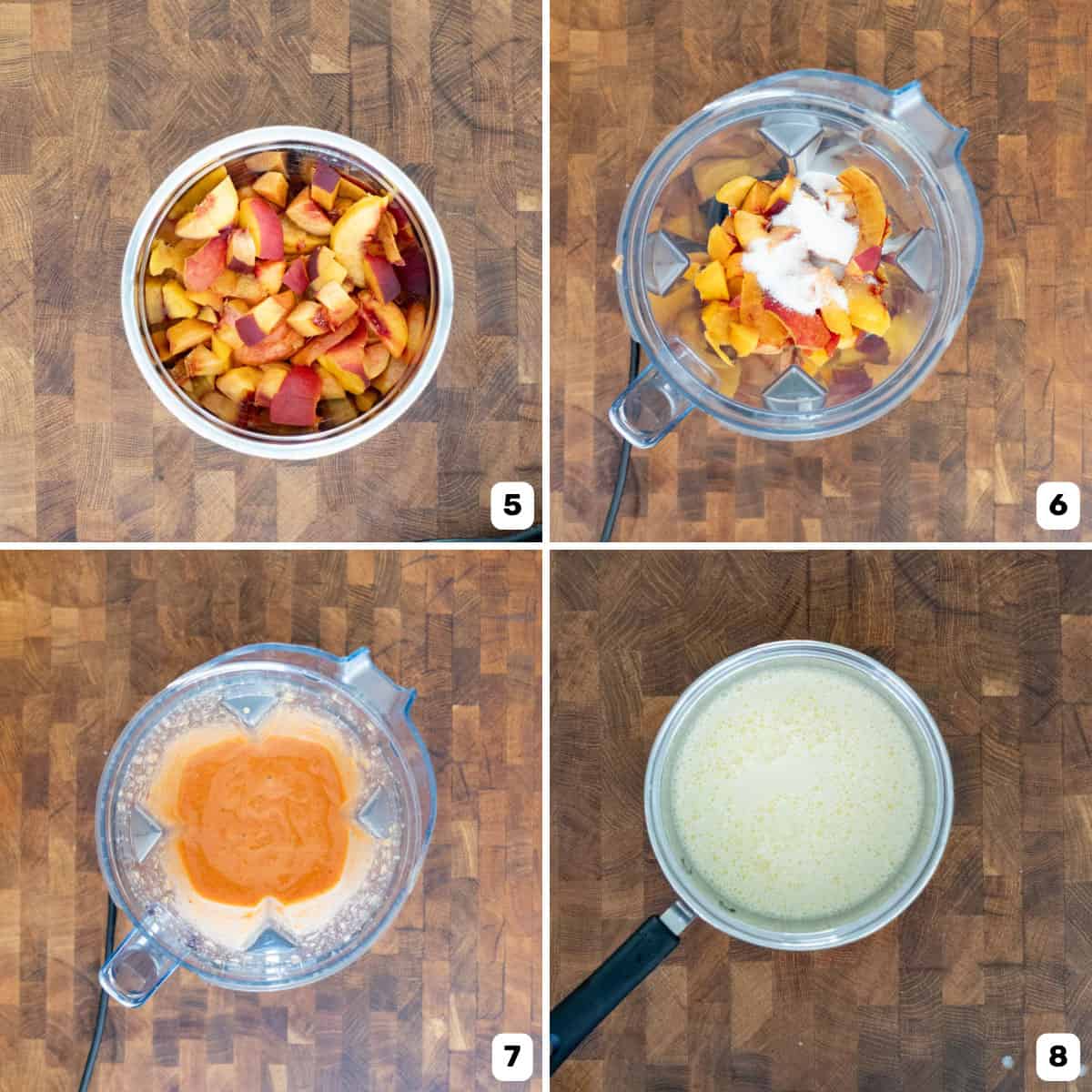 Four panel image where peaches and sugar are placed in a blender and blended until smooth. A heated cream mixture is in a separate pot.