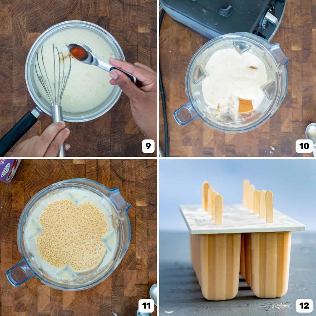 Adding vanilla extract to the cream mixture, and then adding the cream mixture to the blended peach puree to make the peach popsicle base.