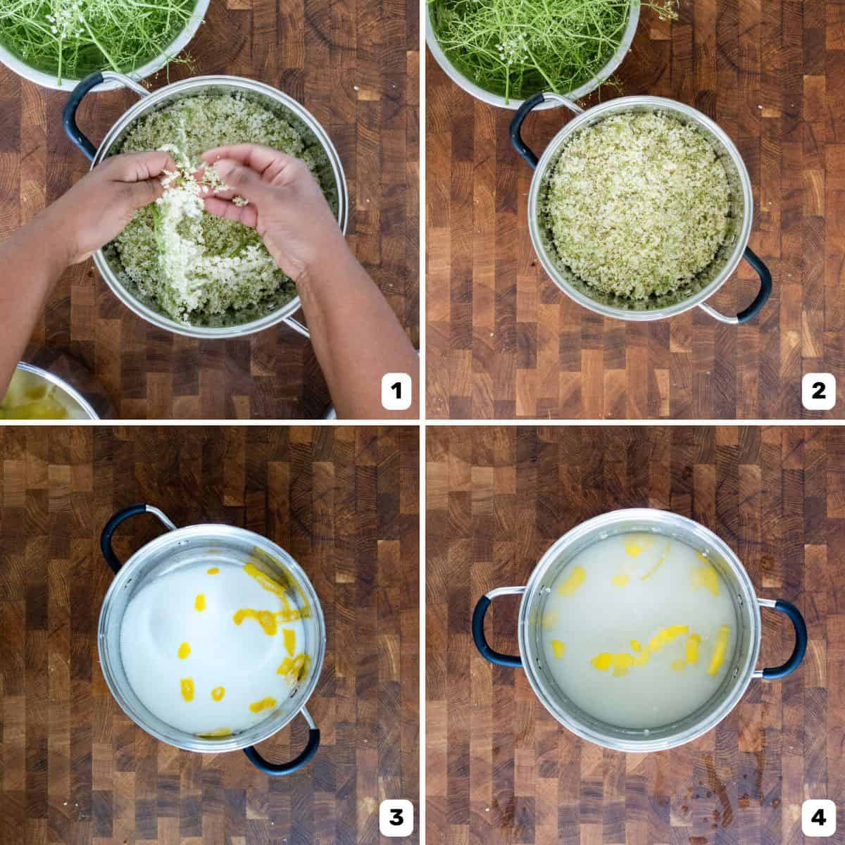 Making a sugar syrup with lemon peel and water, and below, two hands are picking elderflowers from flower heads into a saucepan.