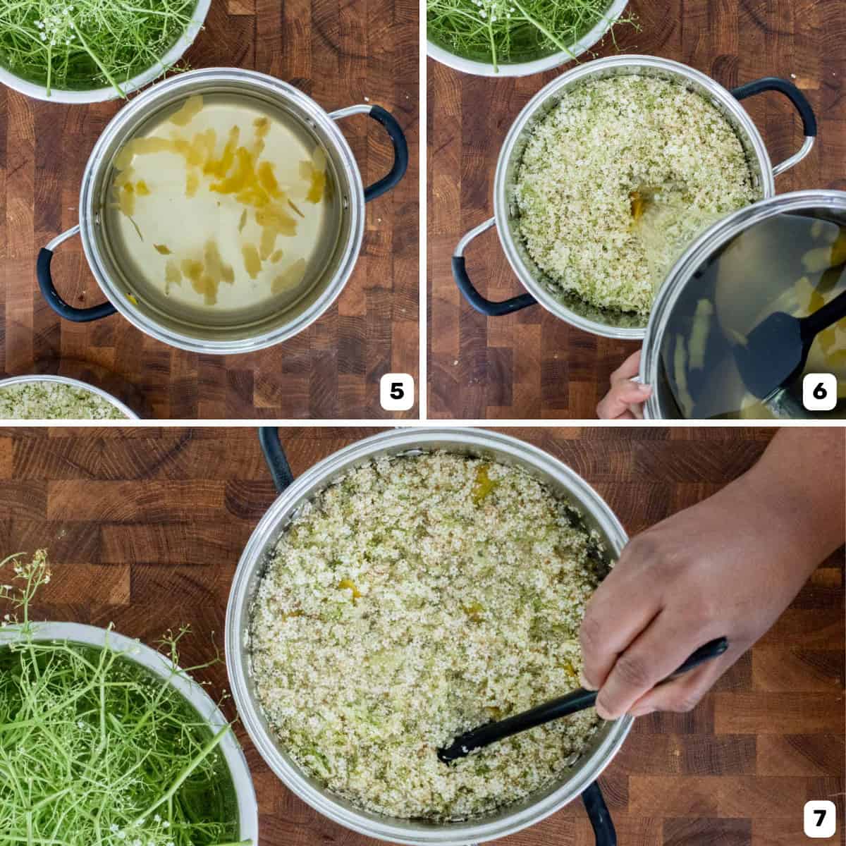 Three panel image showing the sugar syrup being poured over the picked elderflowers in a saucepan, and carefully stirring it.