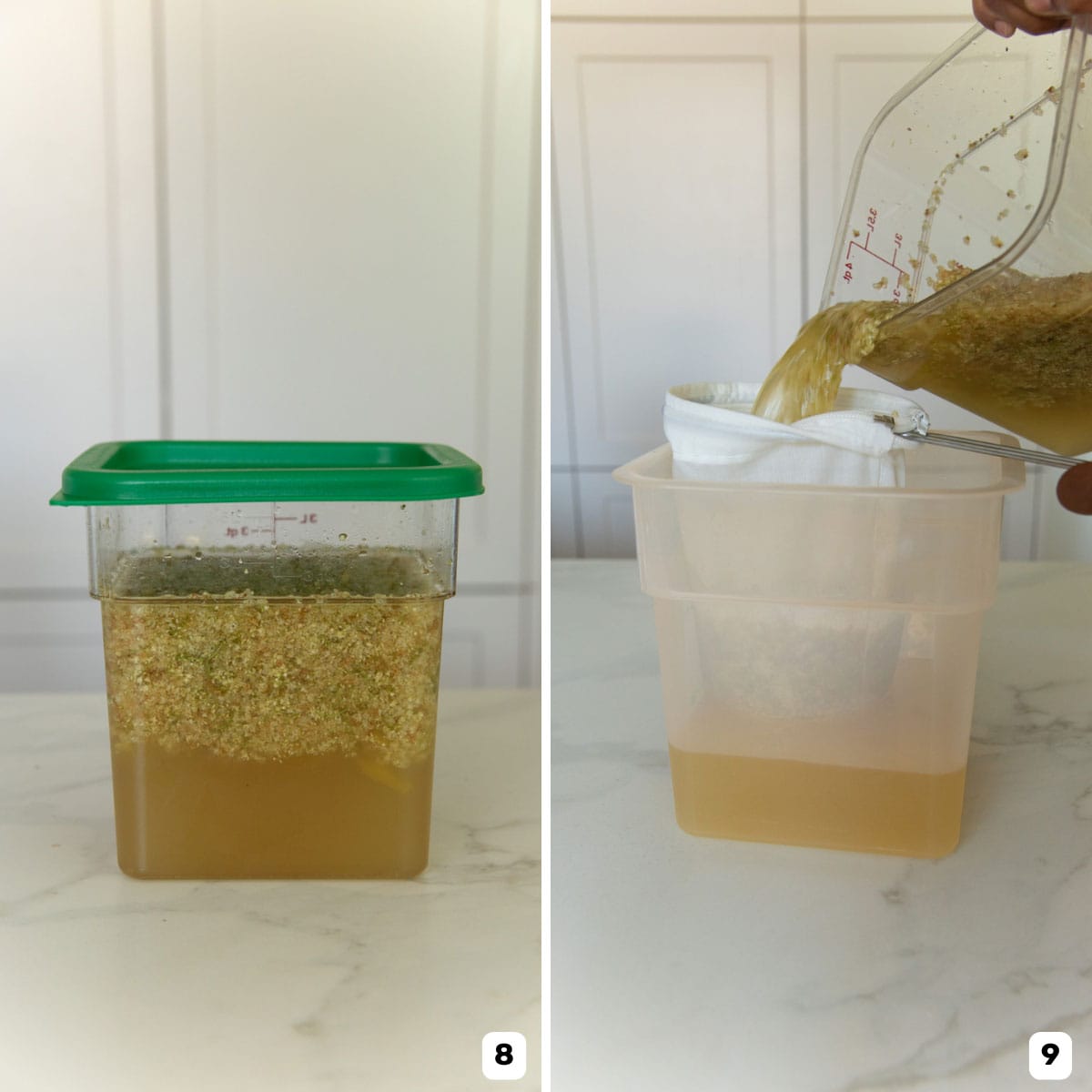 Straining the elderflower cordial from one container into another through a fine sieve.