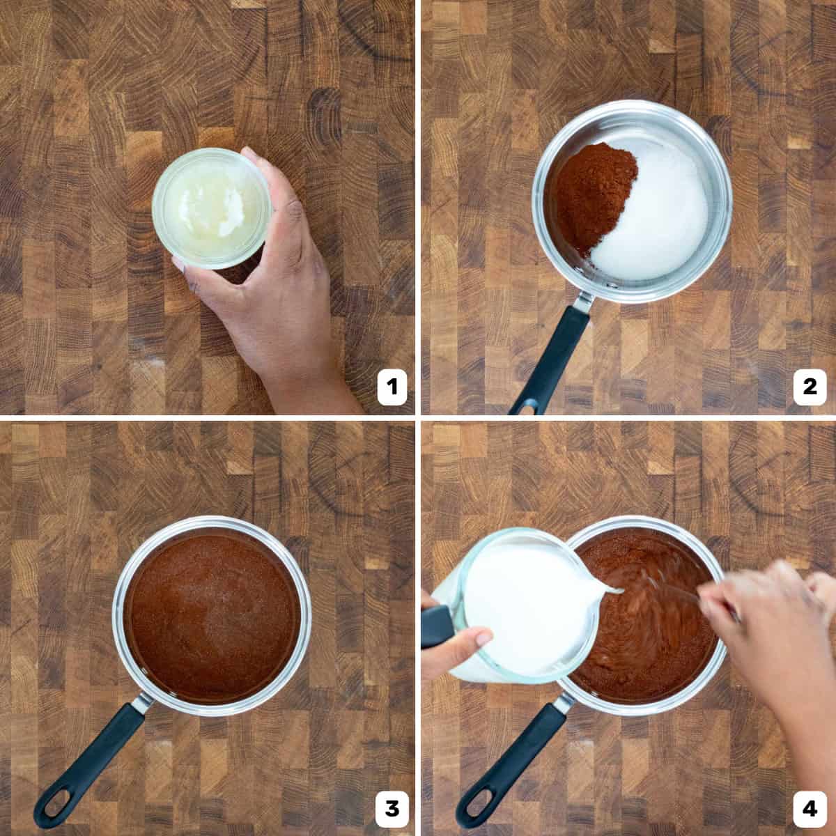 A four panel image showing blooming the gelatin, and then adding the dry ingredients into a saucepan, followed by the milk and cream.