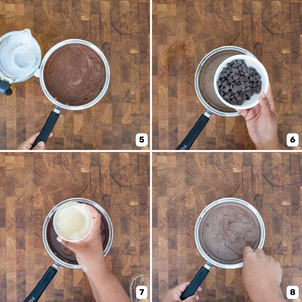 A four panel image where a hand is adding chocolate chips and bloomed gelatin into the hot chocolate mixture in a saucepan.