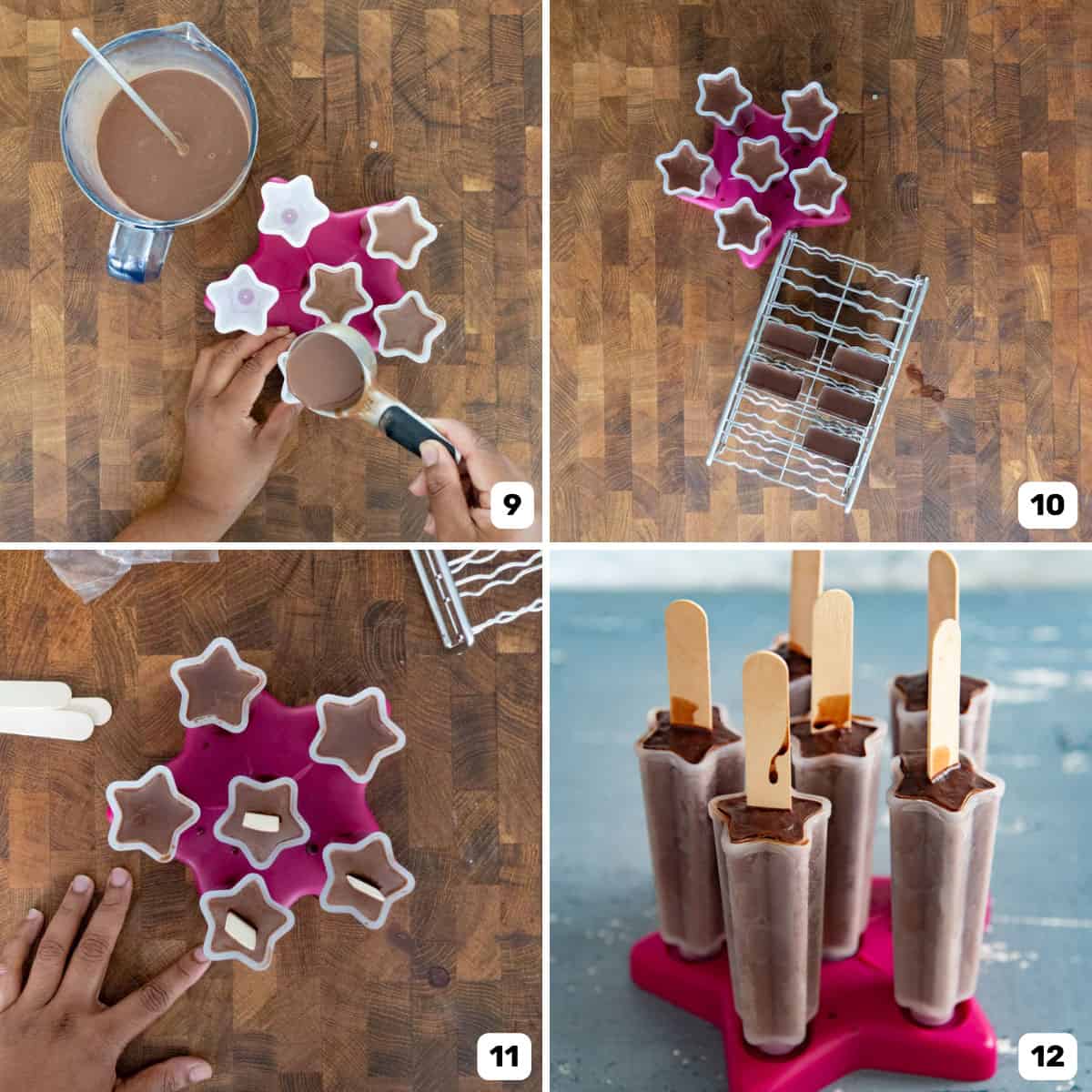 A hand pouring the chocolate fudgesicle mixture into plastic popsicle molds using a measuring cup.