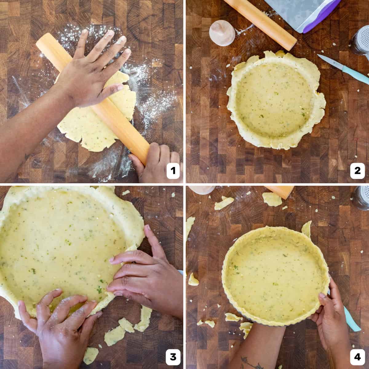 Rolling out the tart crust dough on a wooden surface and lining the tart pan with it.