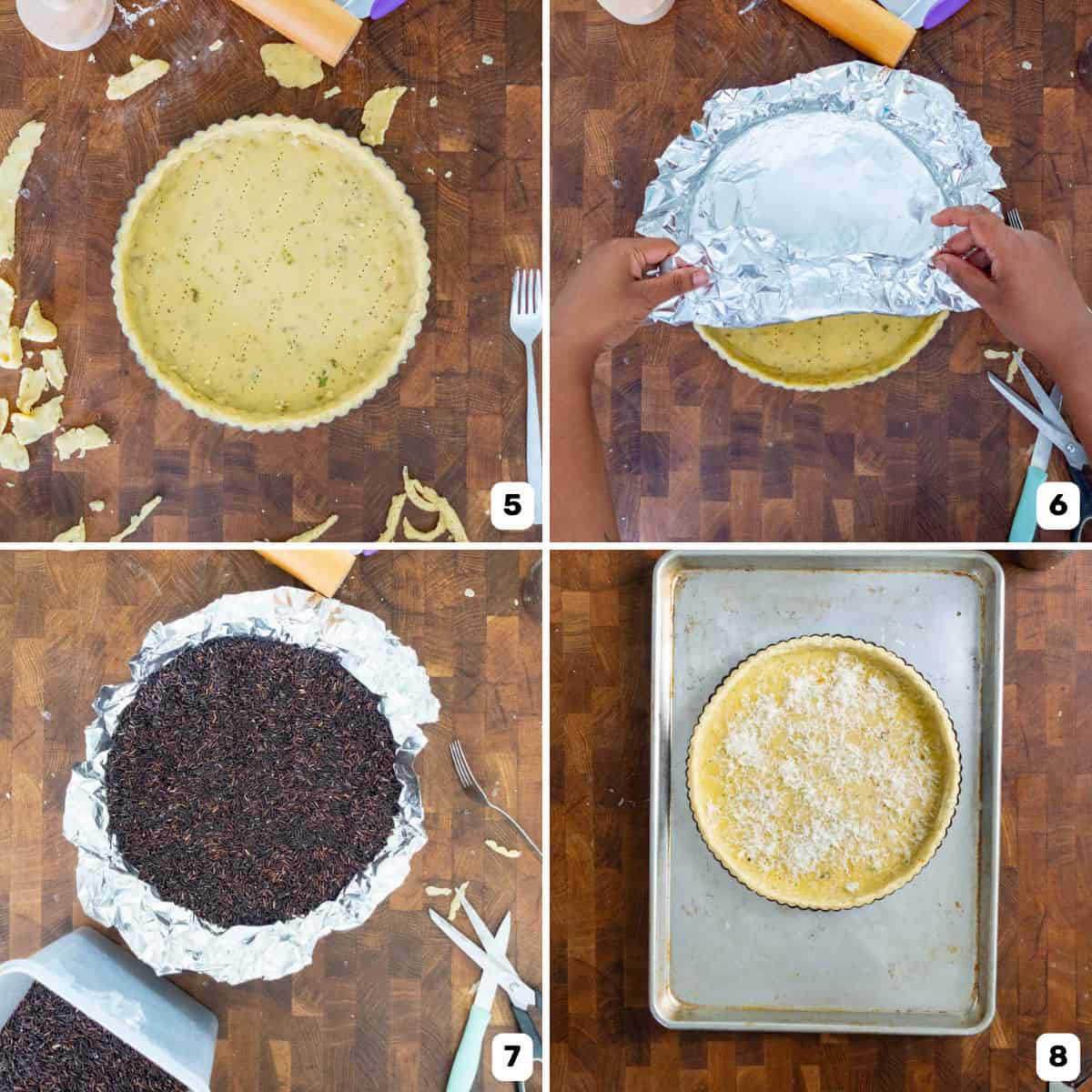 Four panel image of blind baking the tart crust by first lining it with foil and then using rice as tart crust weight.