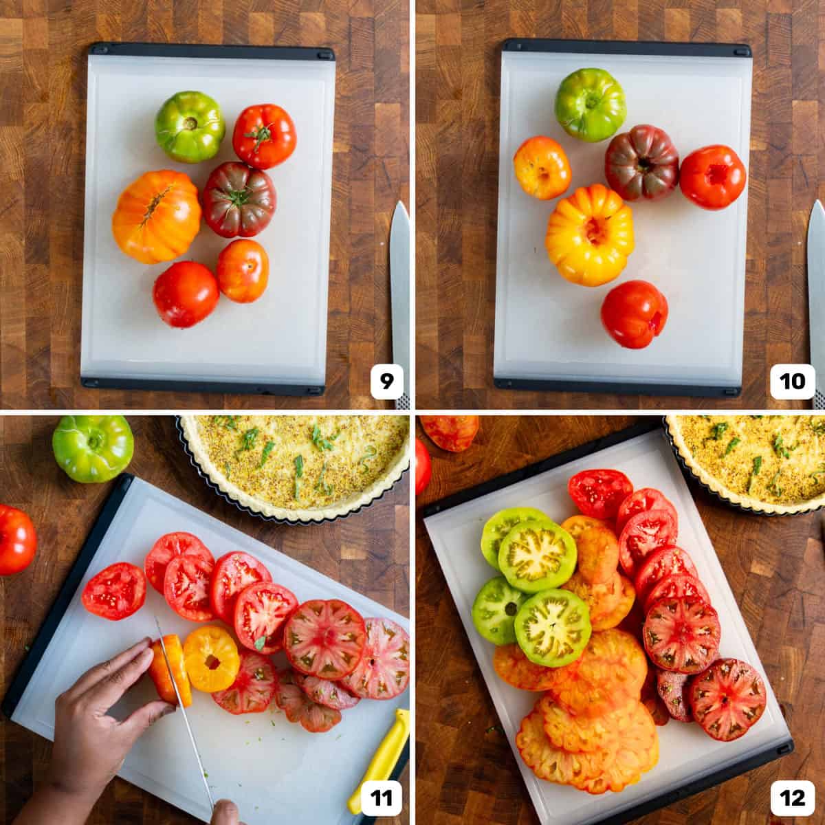 Different multi-colored varieties of large tomatoes on a cutting board, and a hand slicing them with a knife.