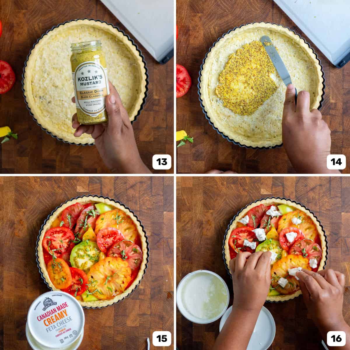Applying a thin layer of mustard on the bottom of the tart crust and then topping it with tomato slices and cheese.
