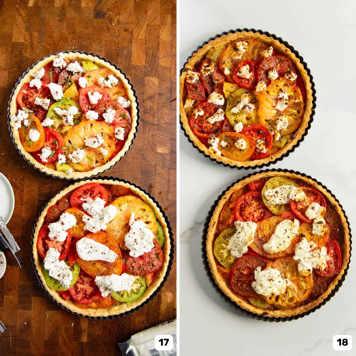 Two tomato tarts topped with multicolored tomato slices and cheese before and after baking.