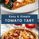 Freshly baked tomato tart topped with caramelized cheese, and a slice of the tomato tart served with kale salad.