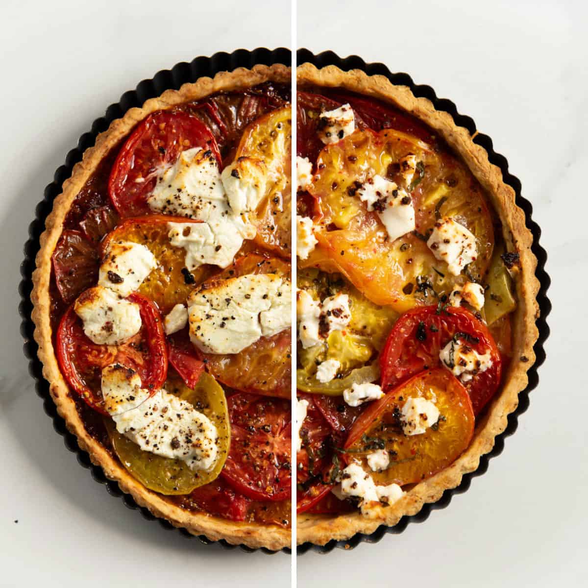 Two side by side images showing a tomato tart topped with tomato slices and goat cheese and feta cheese.