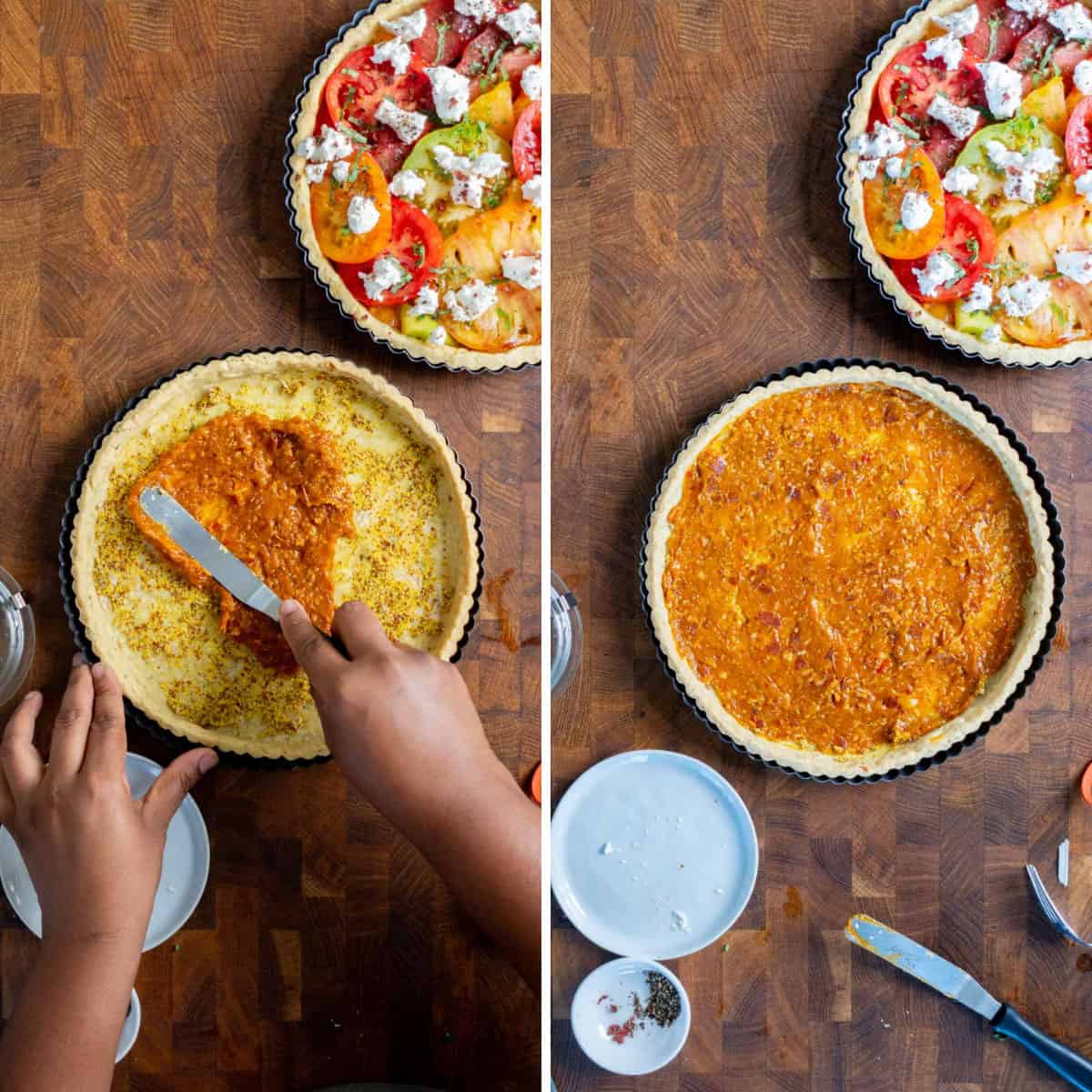Two side by side images of before and after applying tomato jam on the bottom of the tart crust.