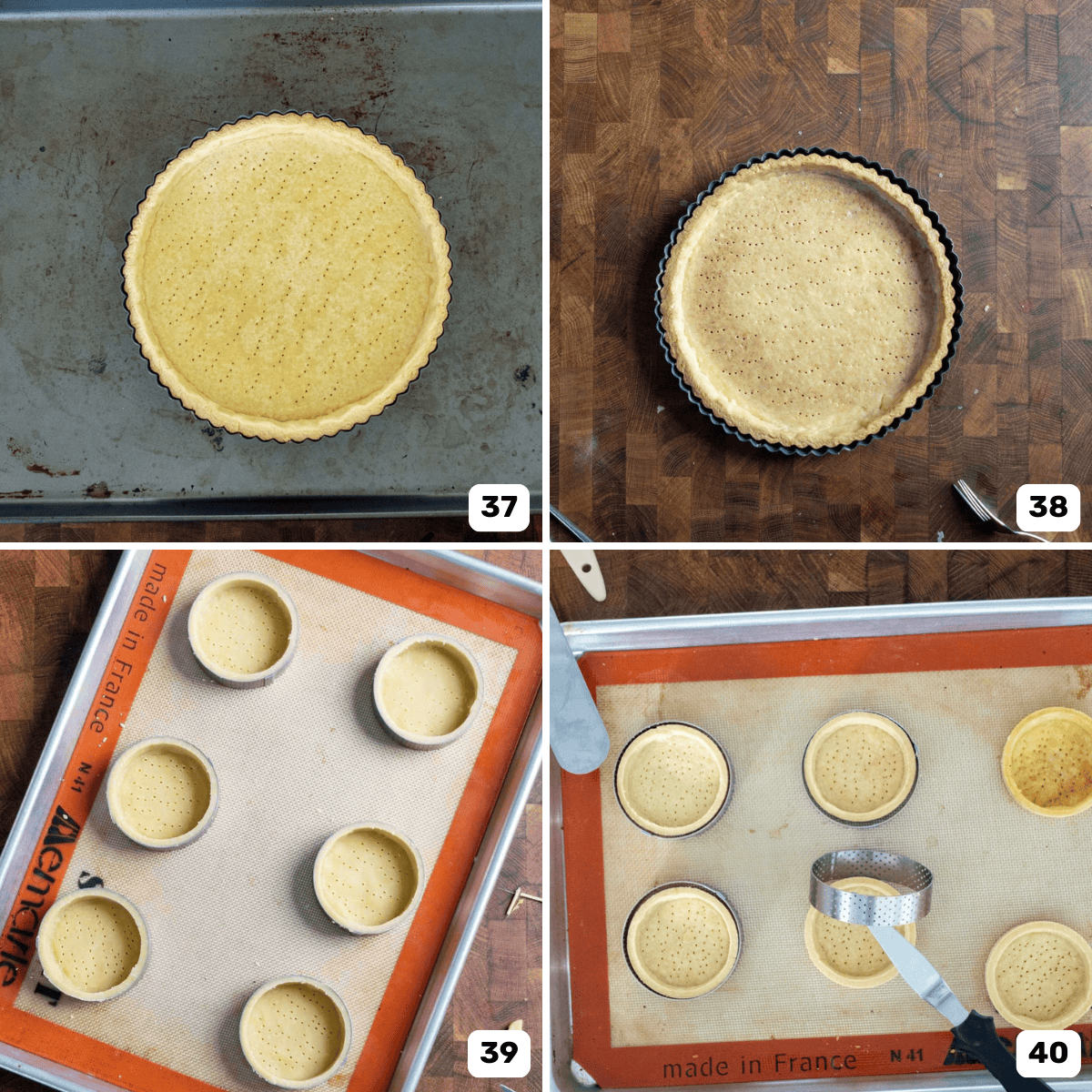 Four panel image of a large tart and mini tarts made with pate brisee before and after blind baking.
