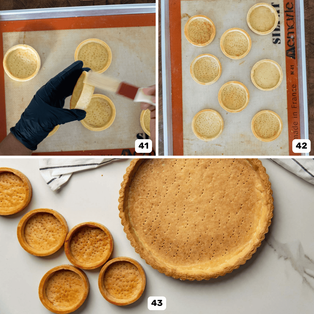 hree panel image of brushing mini tart crusts with egg wash, and a large golden brown tart and several mini tarts after baking.