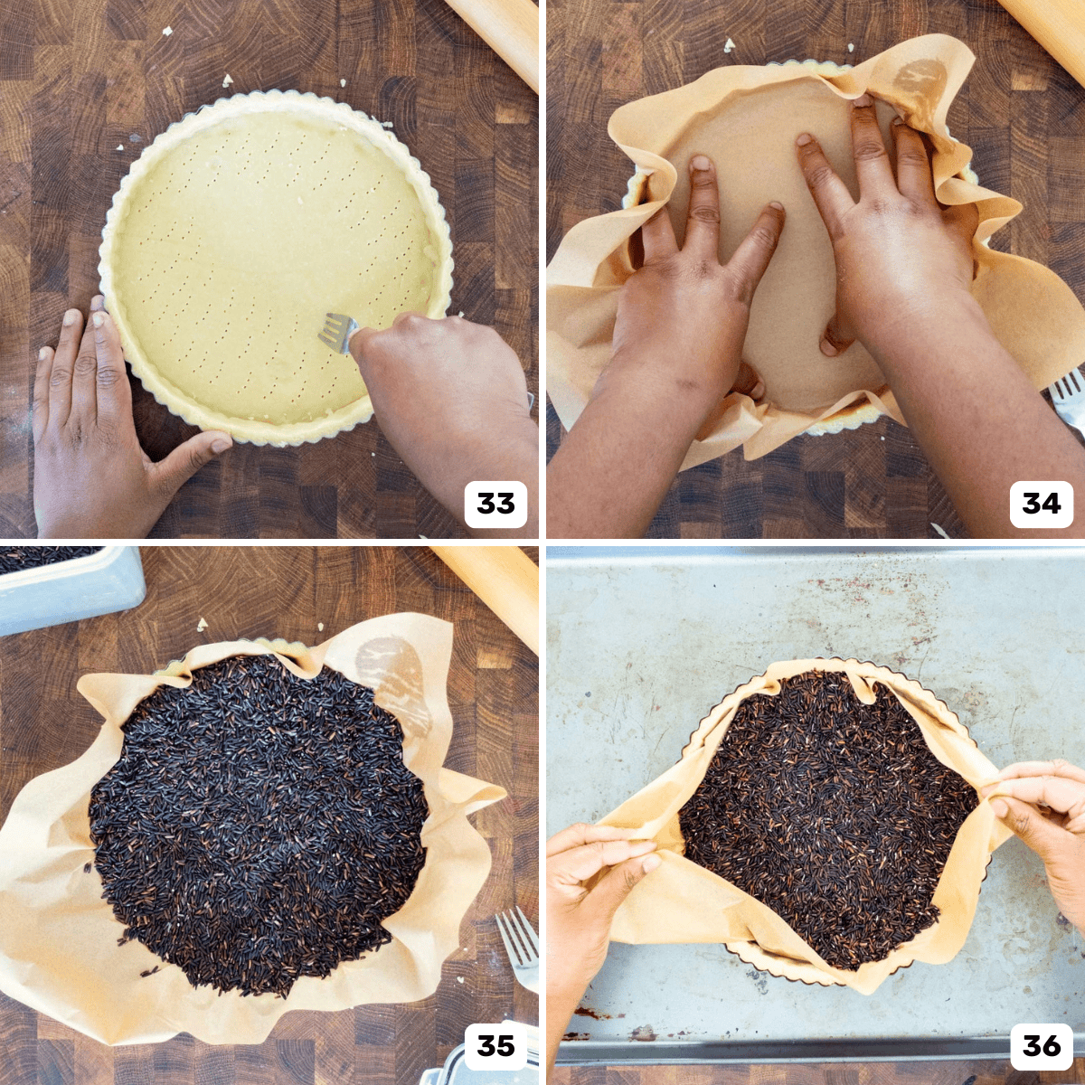 Four panel image of filling the tart base with rice before partially or fully blind baking the shortcrust pastry crust.