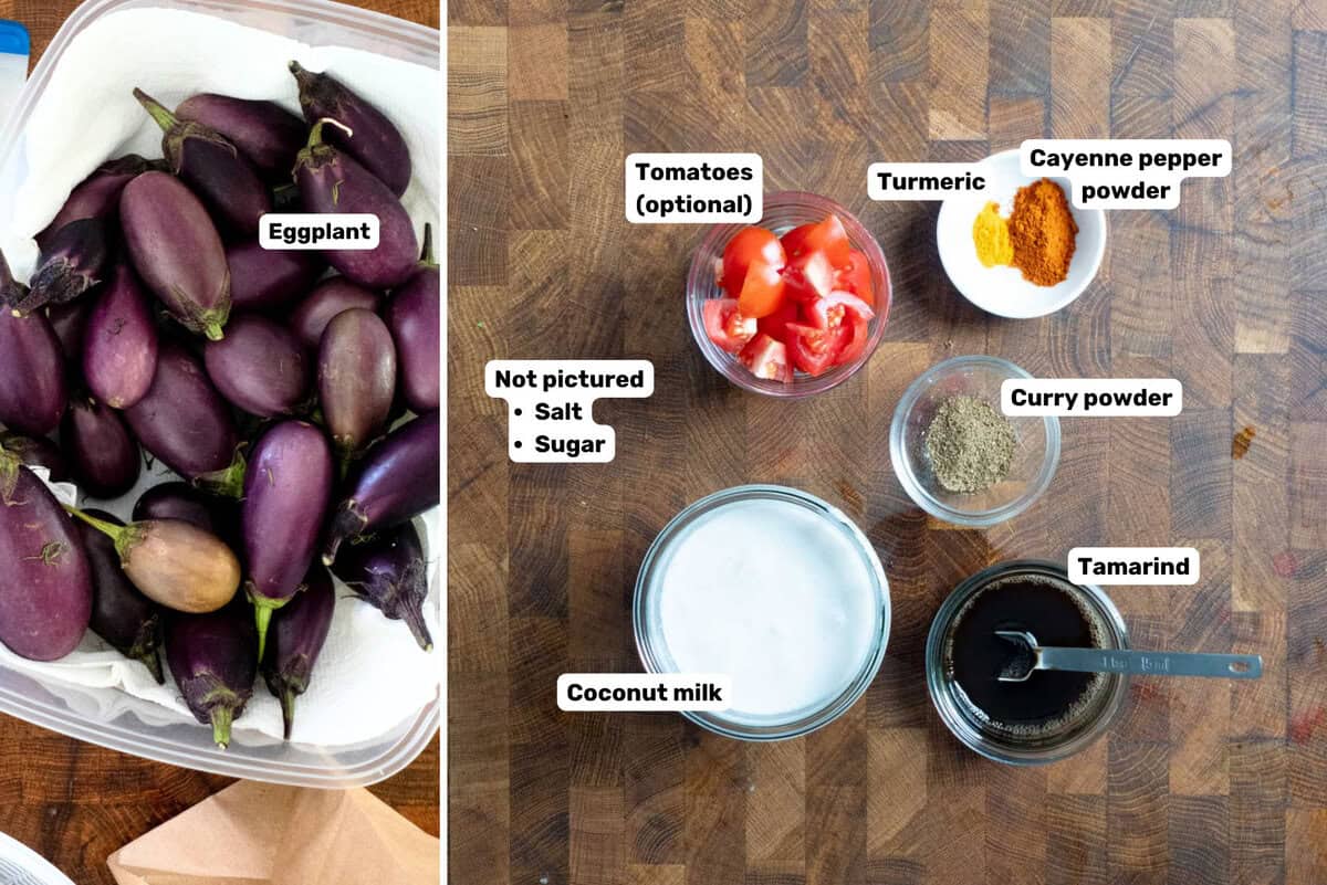 Labeled ingredients needed to make eggplant curry placed on a wooden surface.