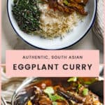 Sri Lankan eggplant curry served in a plate with white rice and a green sambol. Text reads authentic South Asian eggplant curry.