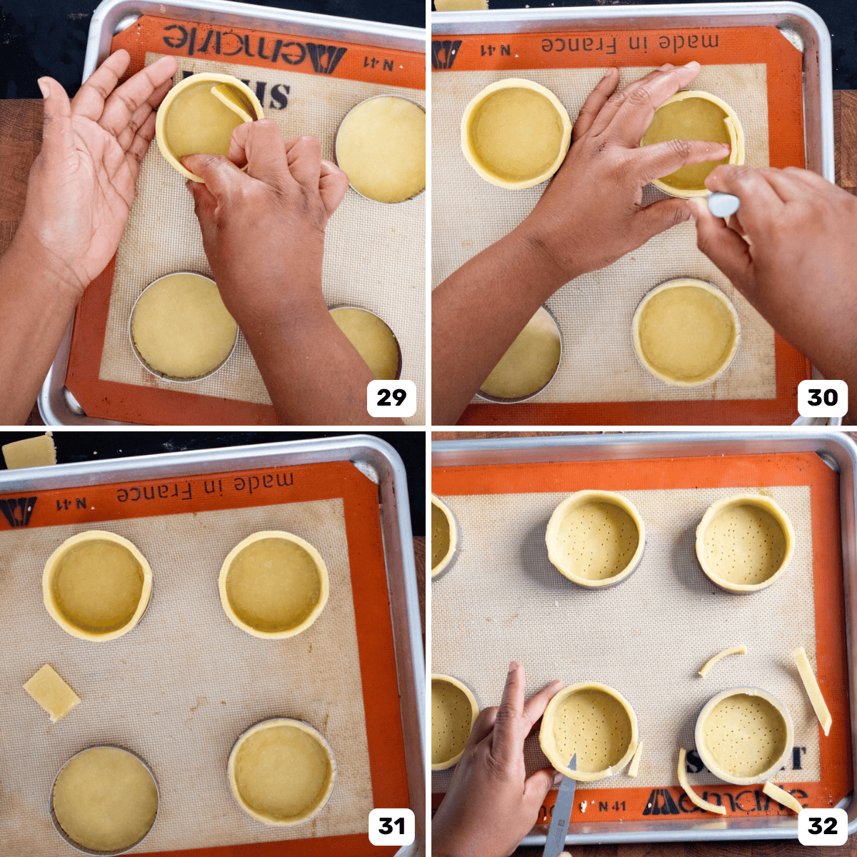 Four panel image of lining mini tart rings and cutting the shortcrust pastry dough to make mini tarts.