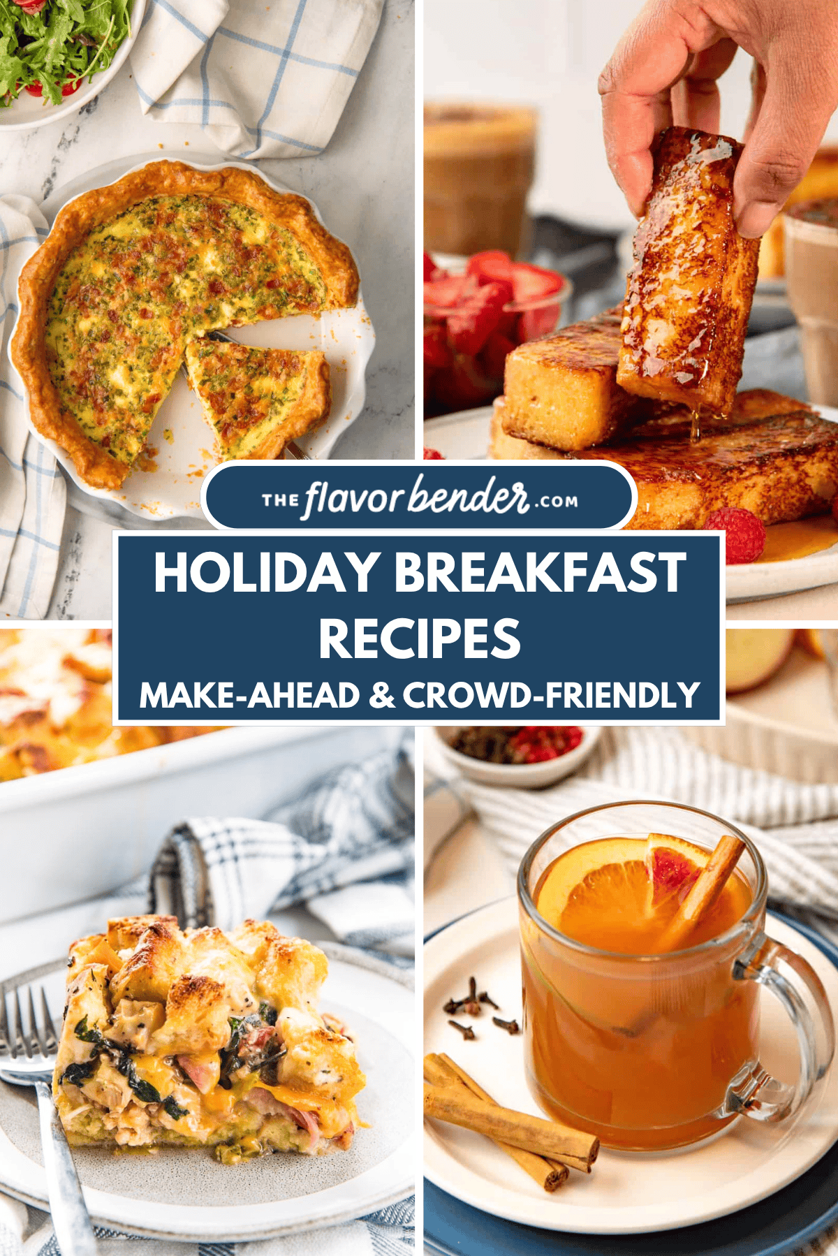 A list of holiday breakfast recipes including quiche lorraine, French toast sticks, a savory bread pudding, and apple cider.