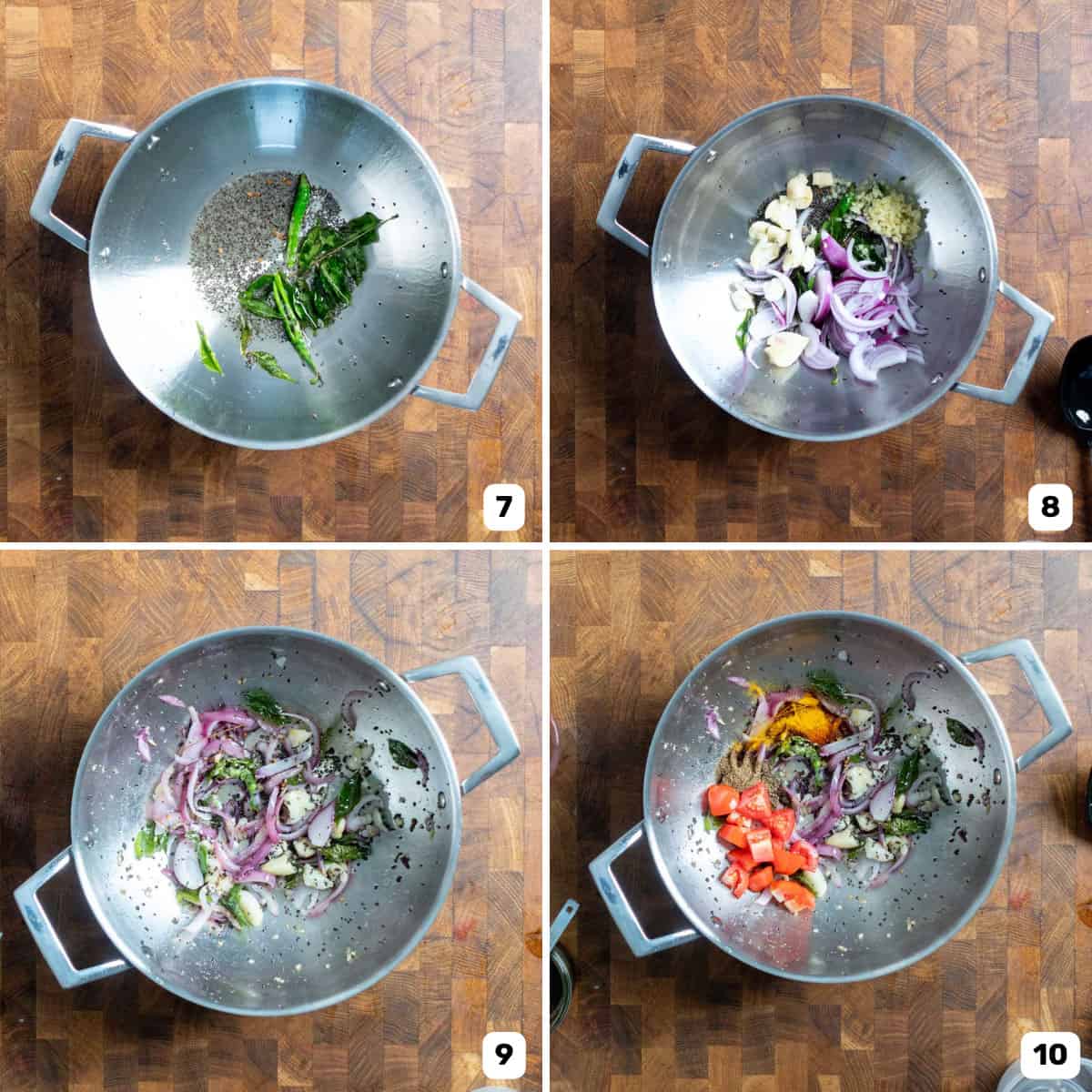 Four panel image of heating the tempering spices and curry leaves and green chili and onions in a small saucepan.