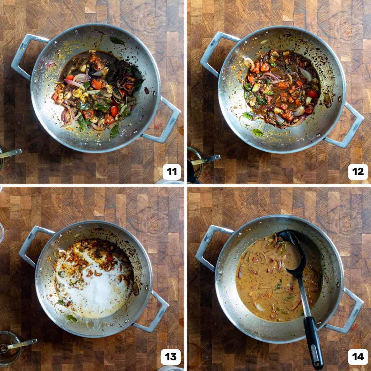 Four panel image of making the brinjal curry base with coconut milk in a small stainless steel saucepan.