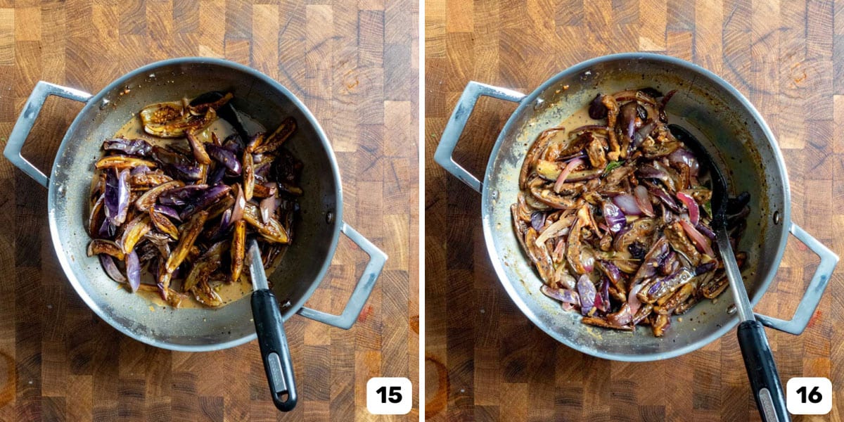 Two panel image of adding the eggplant into the curry base in the saucepan and then after cooking it.
