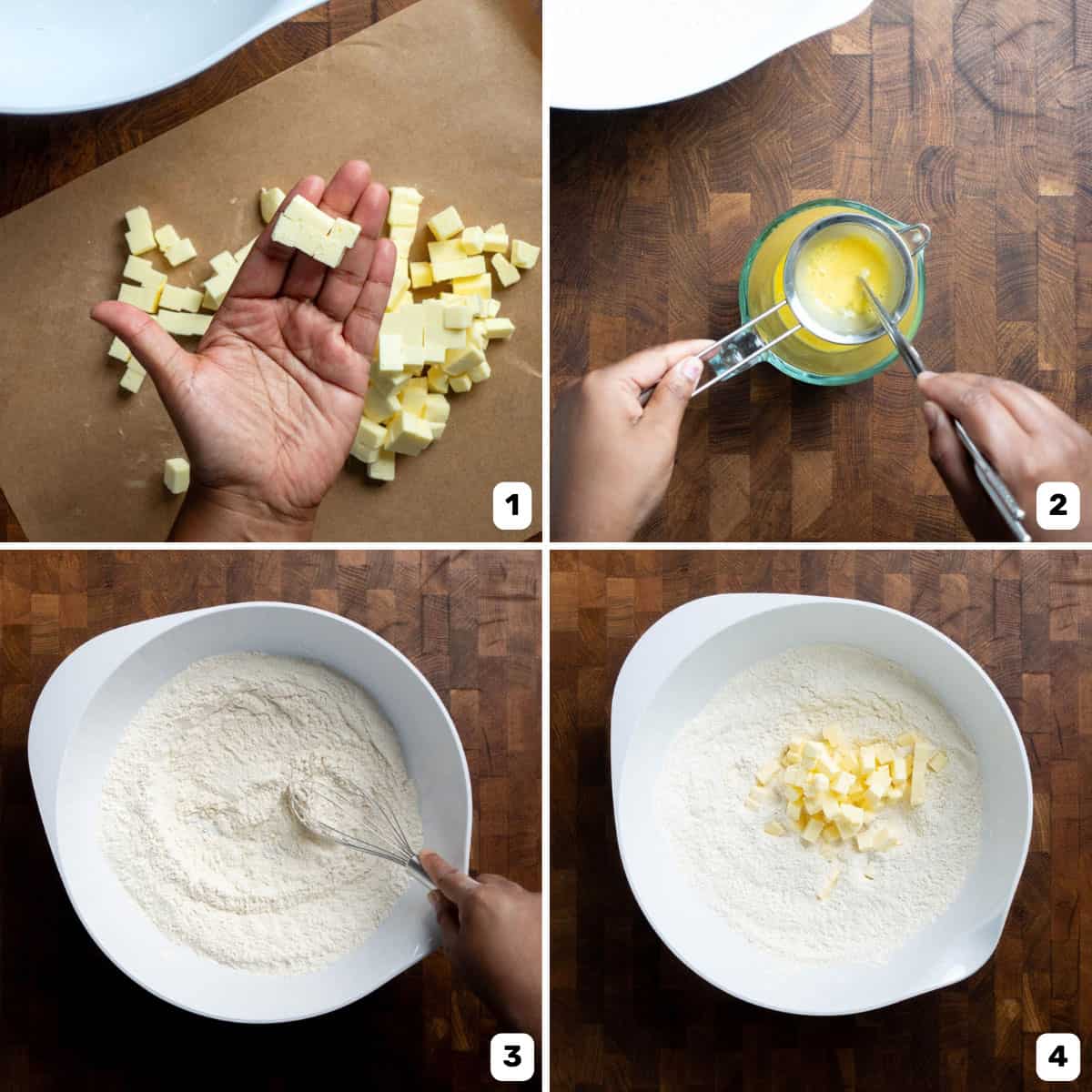 Four panel image of cubed butter, passing an egg mixture through a sieve, and flour placed in a large white bowl.