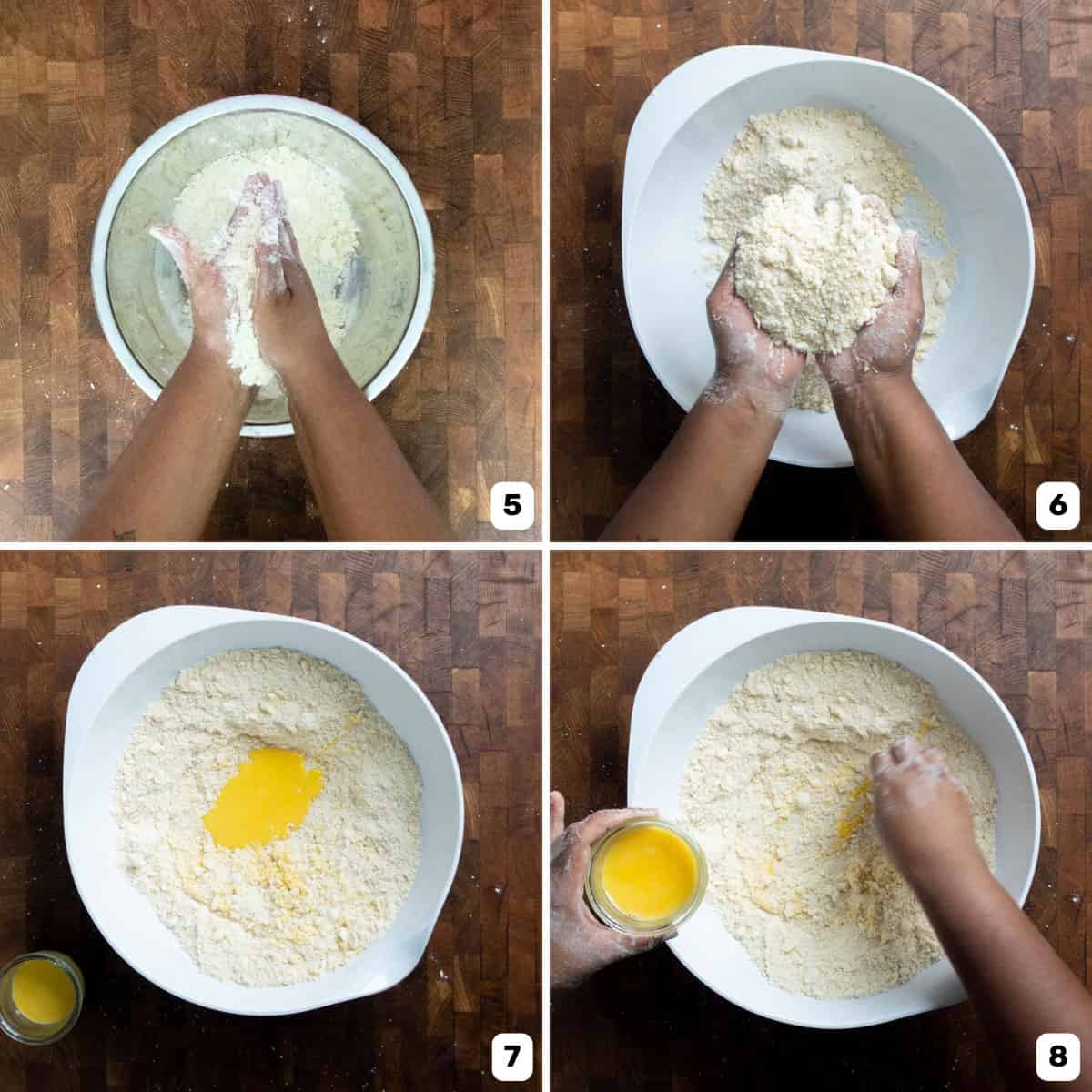 Rubbing butter pieces with the flour in a large white bowl to make the sablage for the shortcrust pastry.