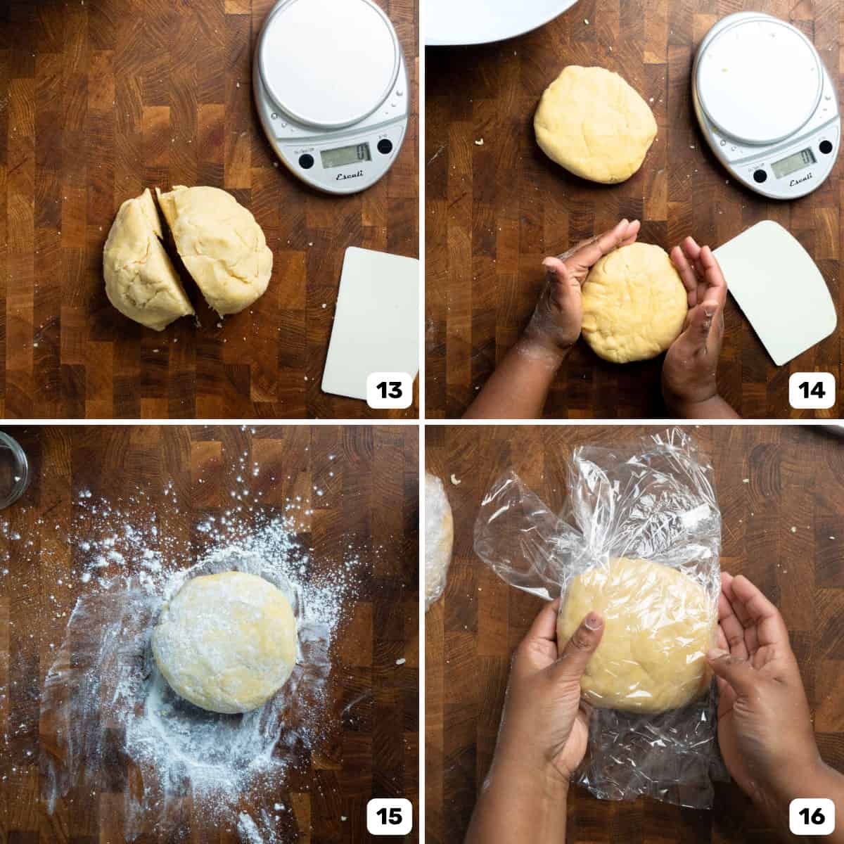 Four panel image of cutting the dough into two portions and shaping each into a rough disc and then wrapping them in plastic wrap.