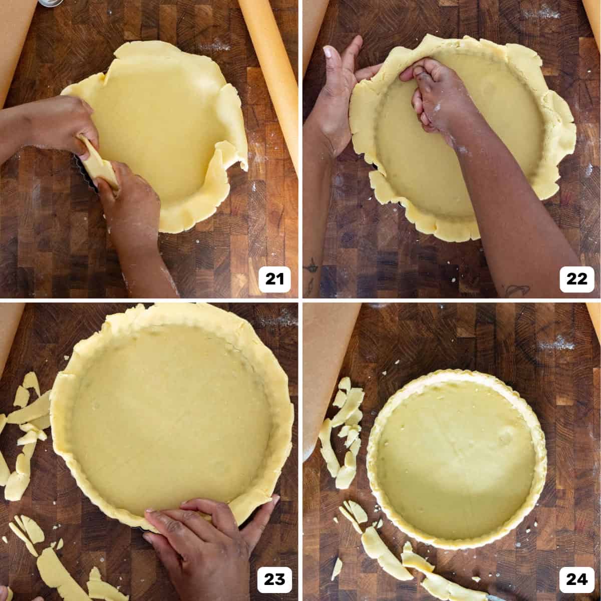 Four panel image of lining a round tart pan with the rolled out shortcrust pastry dough.