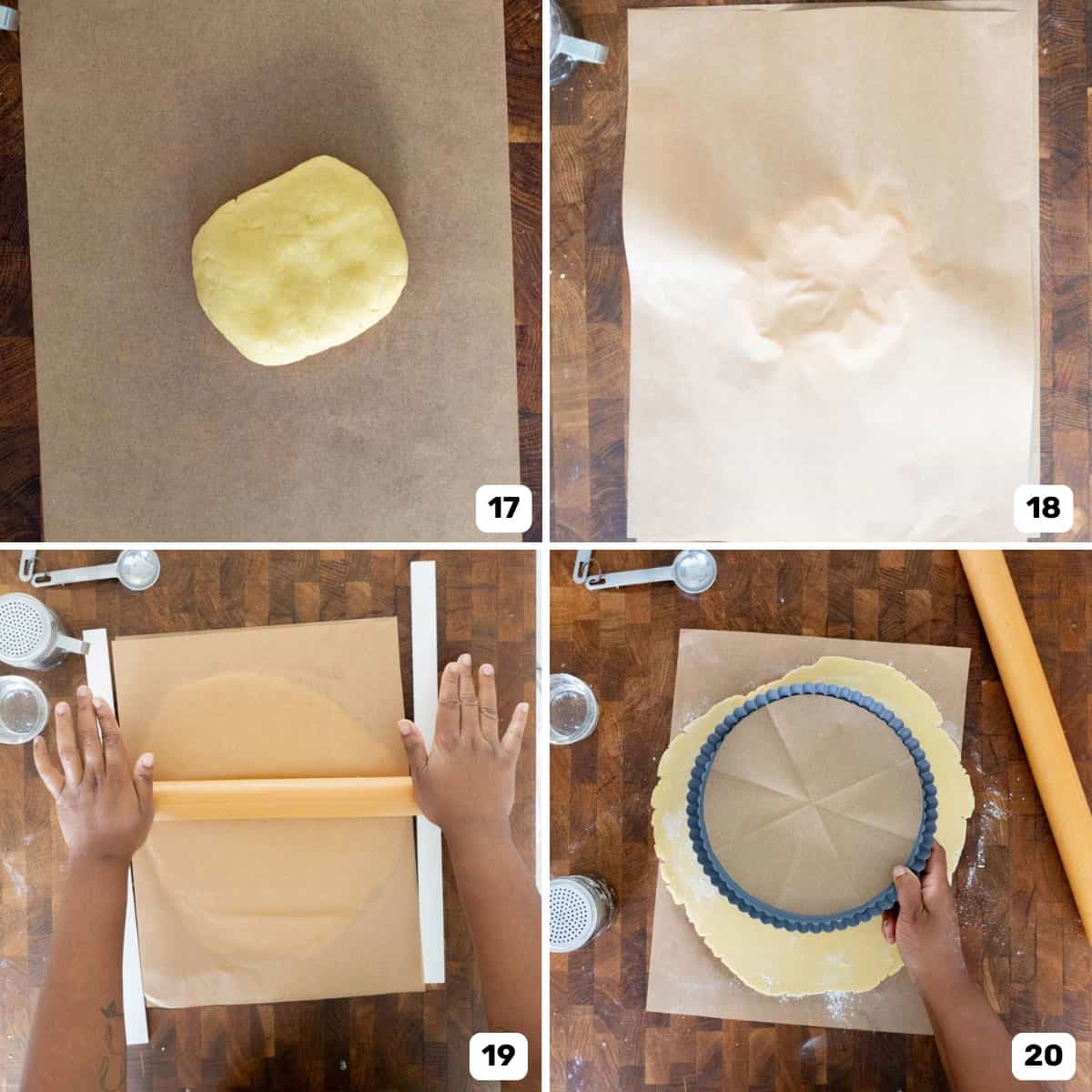 Two hands rolling out the rested dough disc between two parchment papers with a rolling pin.