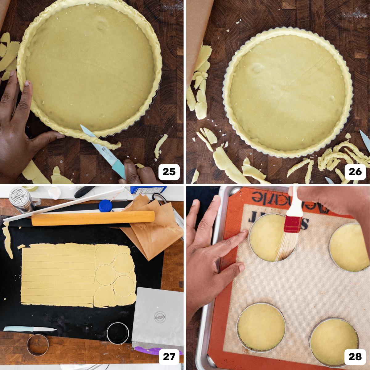 Four panel image of a large tart pan and four small tart rings lined with pâte brisée dough.