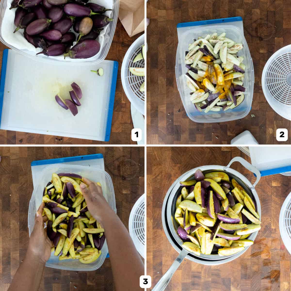 Four panel image of prepping and slicing the eggplants to make the brinjal curry.