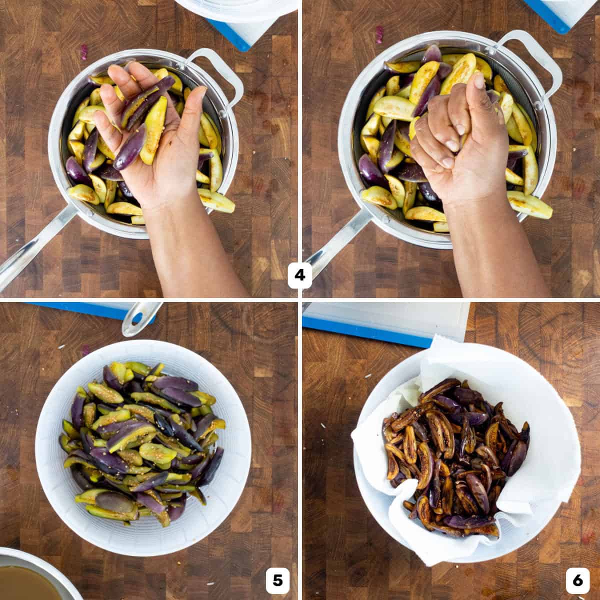 Sliced eggplants placed in a large bowl and mixed it with salt, sugar, and turmeric. Last image shows deep-fried eggplant slices.