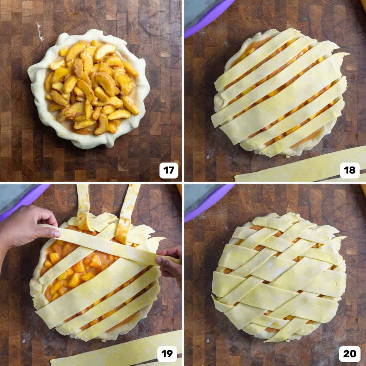 Placing cut pie dough strips on top of the filled peach pie to create a lattice pie crust pattern on top.