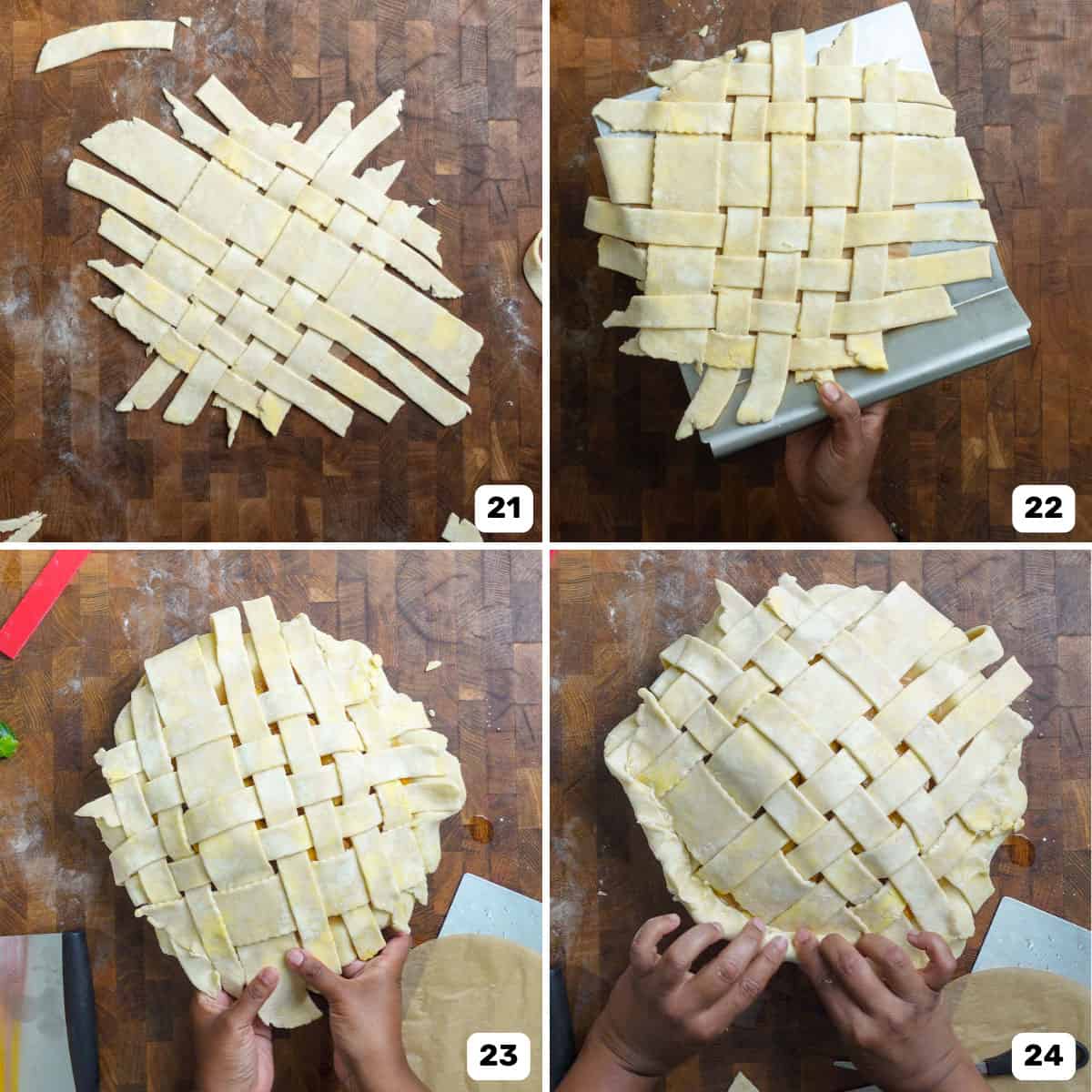 Four panel image of creating a lattice pie crust on a wooden surface and then transferring it onto the filled peach pie.