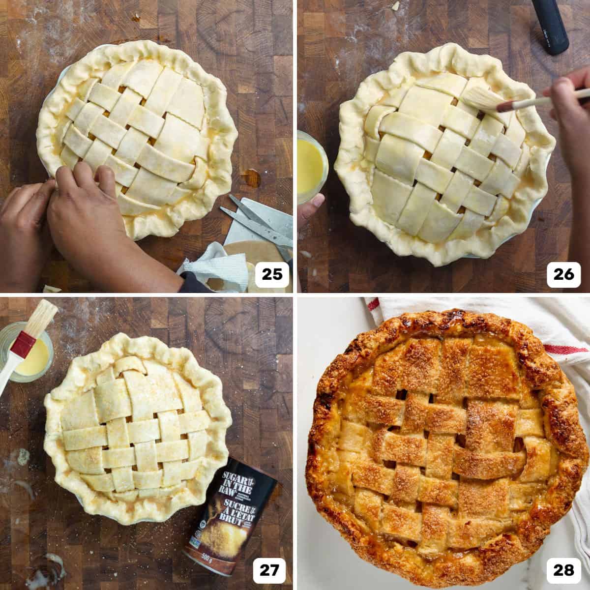 Four panel image of a peach pie covered with a lattice top crust, and then the golden lattice crust after baking.