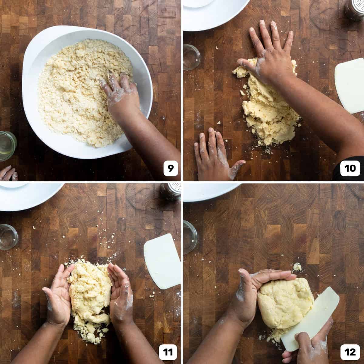 Four panel image of two hands bringing the dough together on a wooden surface. This is also called fraising the dough.