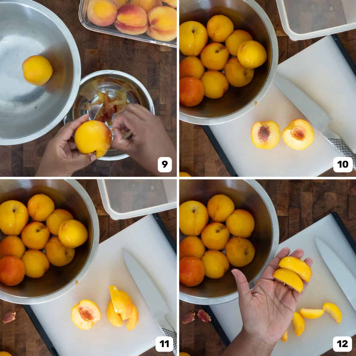 Four panel image of prepping the peaches for the peach pie by peeling the skin and cutting it into wedges.